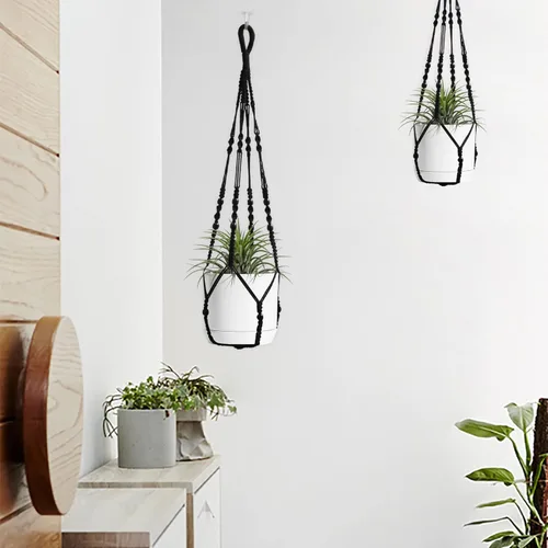 Vista 2 de Colgador de macramé para colgar plantas de interior con cuentas de madera, macetas de macramé sin borlas, para interiores y exteriores, decoración