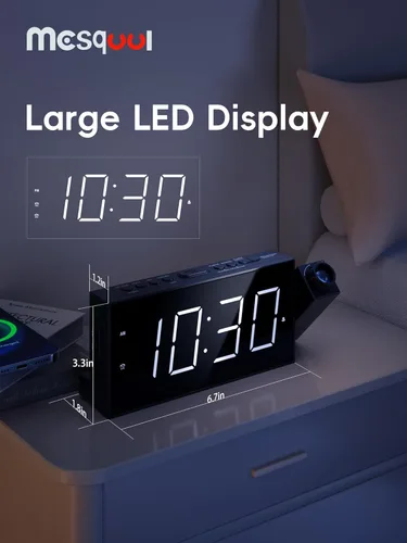 Vista 3 de Mesqool Relojes de alarma con proyector digital para dormitorio de niños, reloj enchufable con proyección de 180° en techo y pared, alarmas duales