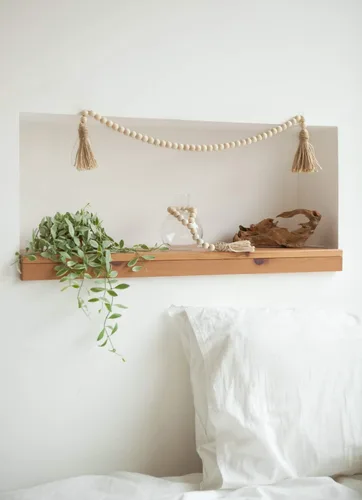 Vista 5 de Mkono Guirnalda de cuentas de madera con borlas 3 cuentas de oración de granja cadena de cuentas de madera rústica para colgar en la pared