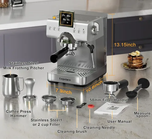 Vista 9 de Empstorm Cafetera Espresso 20 Bares con Espumador de Leche de Vapor, Cafetera Espresso de Acero Inoxidable con Pantalla LED Cafetera para Café