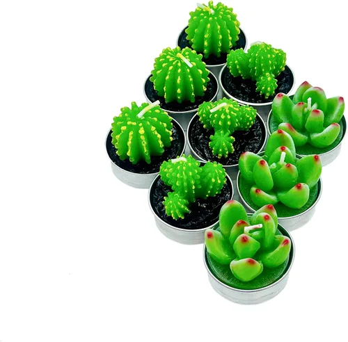 Vista 5 de 9 velas de té de cactus sin perfume con multicolor, velas de té de parafina, mini velas de mesa para el hogar, bodas, cumpleaños, velas decorativas