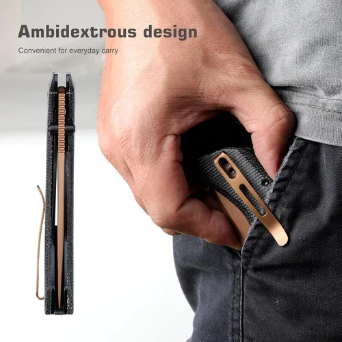 Vista 5 de RT - Cuchillo de bolsillo para corcel, 3.3 pulgadas, hoja 14C28N Negro/Dorado