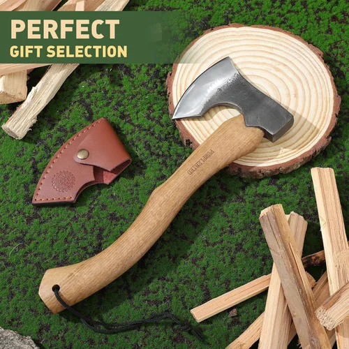 Vista 7 de Hacha PURPLEBIRD con funda para acampar, hacha de 15 pulgadas de acero al carbono para cortar madera, mango de madera para dividir leña, hacha