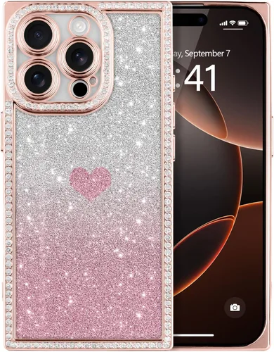Vista 37 de Funda para iPhone 13, funda de diamantes de imitación de lujo con patrón de corazón de amor de cristal [papel con purpurina extraíble], parachoques