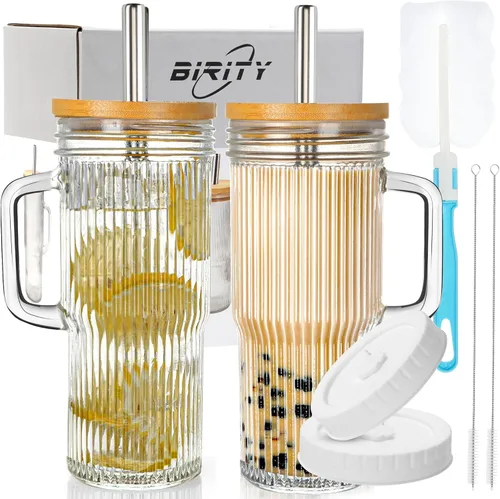 Vista 11 de Birity Vasos de vidrio con tapas y popotes reutilizables, juego de vasos para beber