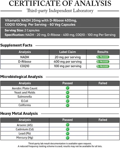 Vista 3 de Vitamatic NADH 20 mg con D-ribosa y CoQ10 - 60 cápsulas, dinucleótido de adenina B-nicotinamida, sin OMG, sin gluten