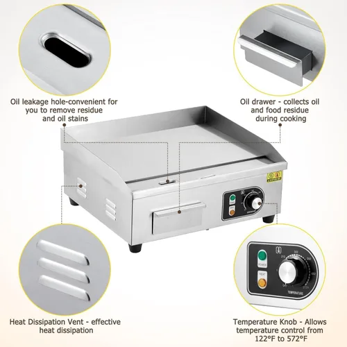 Vista 3 de Plancha eléctrica, parrilla eléctrica comercial de 14 pulgadas, parrilla eléctrica antiadherente para encimera (con enchufe), control de temperatura