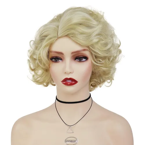 Vista 2 de GNIMEGIL Peluca de pelo corto rubio rizado con flequillo lateral, pelucas onduladas naturales para mujer, resistente al calor, fibra sintética
