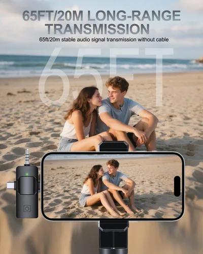 Vista 5 de PQRQP Micrófono Lavalier inalámbrico profesional 3 en 1 para iPhone, Android, cámara, micrófonos inalámbricos, mini micrófono, calidad de sonido