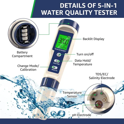 Vista 3 de Probador de sal de piscina y medidor de pH - Medidor digital TDS 5 en 1 para salinidad temperatura de pH y EC, 0.01 de alta precisión, piscina