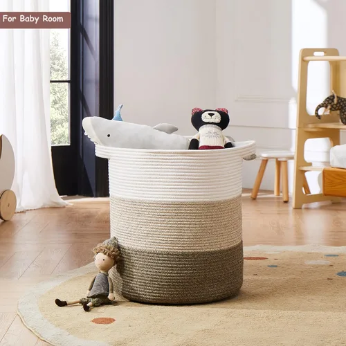 Vista 4 de Cestas de lavandería de 80 litros con asas, cesta decorativa para sala de estar, cesta de almacenamiento tejida para juguetes, almohadas, mantas