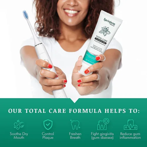Vista 2 de SprinJene Natural Total Care Pasta de dientes sin flúor – Fórmula patentada con aceite de semilla negra y zinc – Pasta de dientes de boca seca