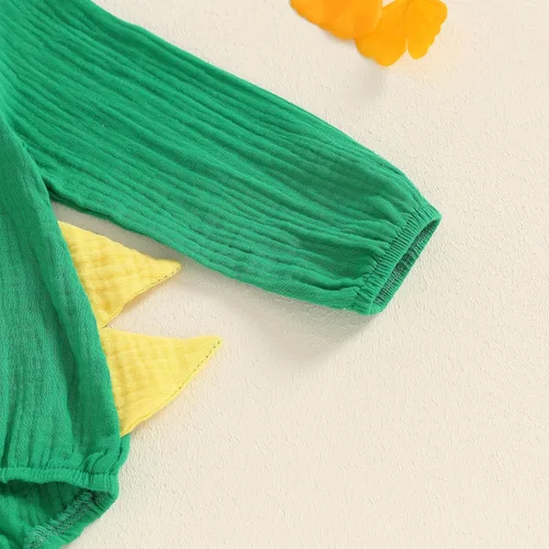Vista 4 de Thorn Tree Ropa de bebé recién nacido, ropa de dinosaurio de algodón y lino, mameluco con capucha para Halloween Verde