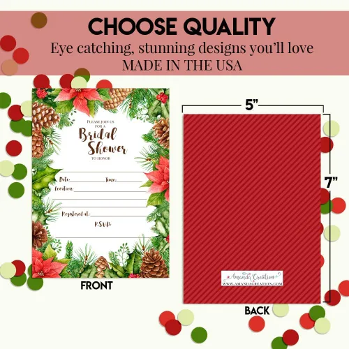 Vista 5 de Invitaciones de Navidad para despedida de soltera con sobres, flor de pascua rústica, piña y acebo, paquete de 4 tarjetas de invitación de doble