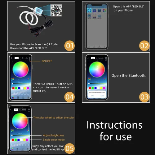 Vista 2 de 100MM Multicolor RGB LED Halo Anillos Luz COB 102SMD Teléfono Inteligente iOS Android App Control Bluetooth Coche Ángel Ojos Círculo Anillo Faro