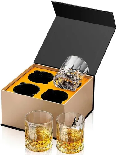 Vista 2 de Hlukana Caja de Lujo Juego de 4 Vasos de Whisky Old Fashioned, Vasos de Cóctel de 11 OZ, Vasos Bourbon Rocks Scotch, Accesorios de Bar para Whisky