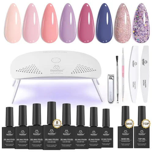Kit de esmalte de uñas de gel Beetles con luz UV, kit inicial de esmalte de gel semipermanente, lámpara LED de uñas en tonos gris, morado, malva y