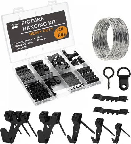 Mr. Pen - Kit negro para colgar cuadros de 220 piezas, clavos, ganchos y herrajes