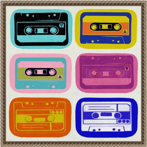 Amanti Art Framed Canvas Wall Art 16x16 Retro Cassettes by PI Studio, Framed Wall Art Canvas, Entertainment Artwork, Traditional Decor, Small Poster