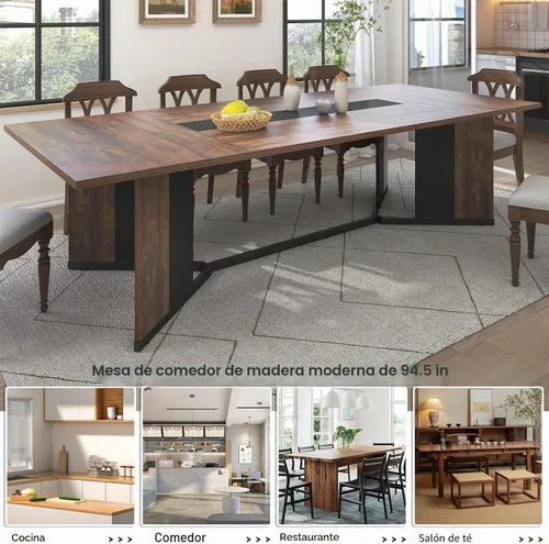 Vista 7 de Hlivelood Mesa de comedor grande de 94 pulgadas para 8 10 personas, mesa de cocina rectangular de madera con mesa impermeable, muebles rectangulares