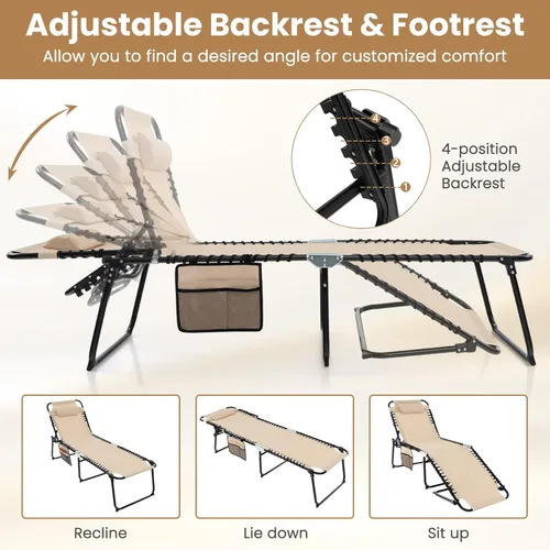 Vista 4 de GYMAX Lounge Chairs for Outside, Extra High Folding Beach Tanning Lounger with Adjustable Backrest, Footrest & Removable Pillow, Sunbath Lounge for