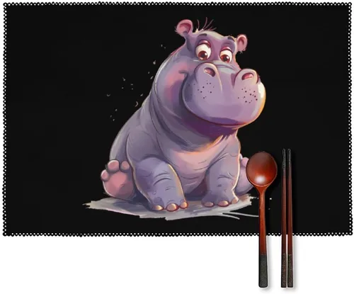Hippo Cute Hippopotamus Placemats Set of 6 Resistant Table Mats Washable Place Mats for Dinner Party Table Decoration