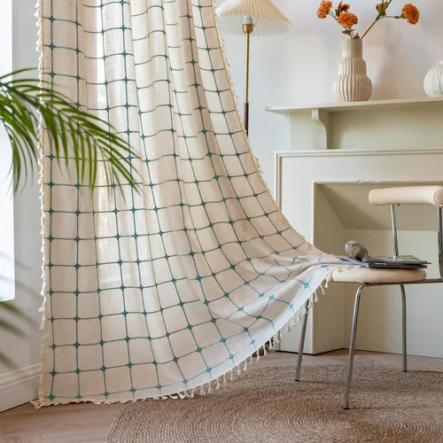 Vista 32 de Deeprove Cenefa de Cortina Boho Aqua de 18 Pulgadas de Largo, Celosía Bohemia Verde Azulado Cuadros Vichy con Textura Bordada, Borlas Vintage