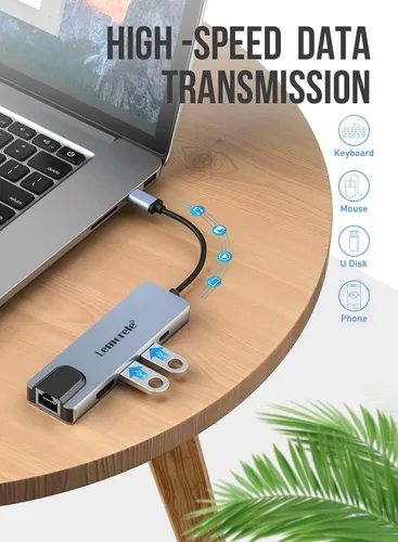 Vista 6 de Adaptador de concentrador USB C, adaptador multipuerto Lemorele 5 en 1 con HDMI 4K, Ethernet, 2 puertos USB 2.0, carga PD de 100 W para MacBook M1