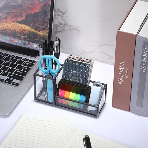 Vista 6 de Hipiwe Tarjetero de cristal para tarjetas de presentación de metal, para lápices, para escritorio, transparente, para oficina y hogar, 2 ranuras