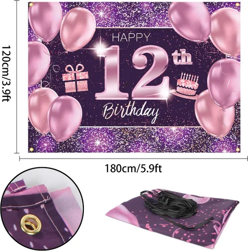 Vista 2 de pancarta grande rosa con texto en inglés Happy Birthday