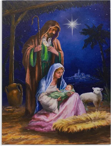 Lienzo decorativo para pared con luz de la Natividad, imagen de la Sagrada Familia, LED, María José y el Bebé Jesús en un pesebre, escena estable,