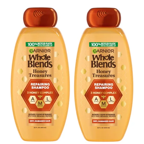 Garnier Whole Blends Honey Treasures Champú reparador, para cabello seco y dañado, 22 onzas líquidas, 2 unidades (el embalaje puede variar)