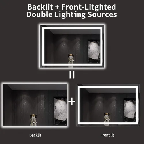 Vista 6 de LOAAO Espejo de baño LED de 60 x 40 pulgadas con luces, antiniebla, regulable, retroiluminado + iluminado frontal, espejo de tocador de baño
