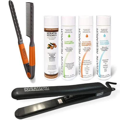 Tratamiento completo de queratina brasileña para el cabello, kit de 4 botellas de 10.1 fl oz con peine fácil e INVERTO Pro de 1 pulgada de doble