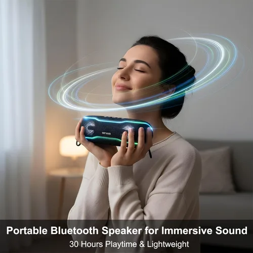 Vista 6 de Altavoz Bluetooth impermeable IPX7, tiempo de reproducción de 24 horas, luces LED, altavoz inalámbrico al aire libre para piscina, playa, ducha, azul