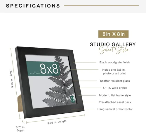 Vista 4 de MCS Studio Gallery 8x8 Marco de Imagen de Madera de Ingeniería de Grano de Madera Negro, Colgante de Pared y Caballete para Exhibición en Mesa