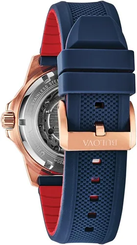 Vista 3 de Bulova Reloj automático con esfera azul Marine Star para hombre 98A227, Tono oro rosa, Reloj automático