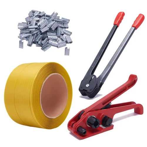 Kit de flejado de bandas todo en uno con tensor de flejado de polietileno, banda de PP de 3000 pies, 200 sellos de metal y herramientas de sellador