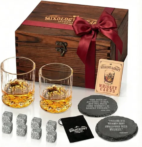 Vista 11 de Mixology & Craft Juego de piedras de whisky con vasos y balas de acero, regalo para hombres