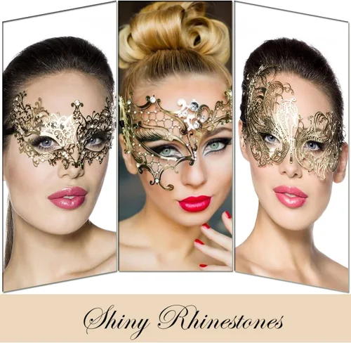 Vista 5 de Máscara de mascarada para mujer, brillante, corte láser, máscara de diamantes de imitación, máscara de fiesta de porm
