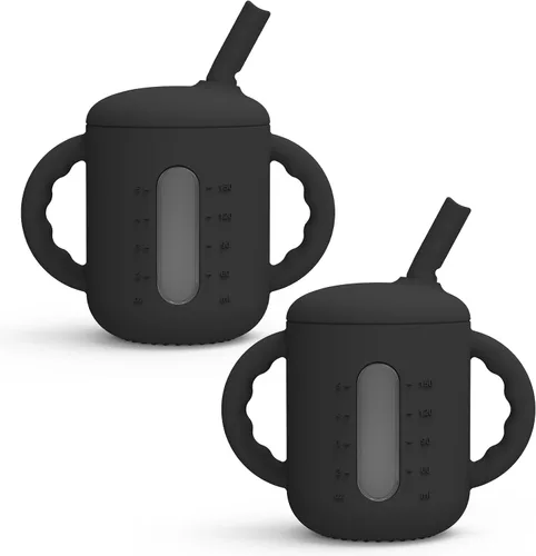 Seposeve Paquete de 2 tazas de silicona para bebé, taza de pajita a prueba de derrames para 6-12 meses, taza para niños pequeños a prueba de