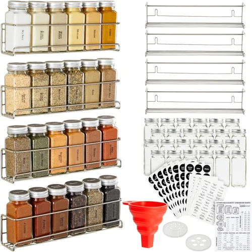 Talented Kitchen Organizador de especias – 4 estantes de acero inoxidable para montaje en pared – 24 tarros de vidrio de 4 onzas y 269 etiquetas
