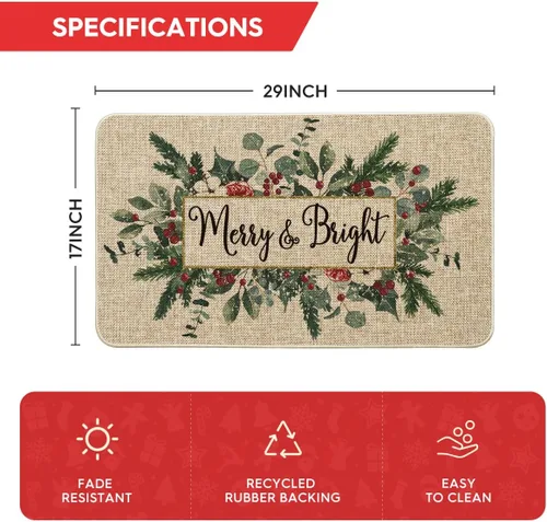 Vista 3 de Artoid Mode Merry&Bright Tapete de Puerta de Navidad con Hojas de Eucalipto y Acebo, Decoración del Hogar de Invierno y Navidad, Alfombra de Beige