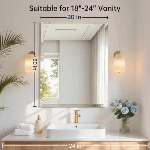 Vista 2 de Espejo rectangular sin marco de 16 x 24 pulgadas, espejo de baño biselado, espejo de pared sin marco con borde biselado de 1 pulgada para tocador