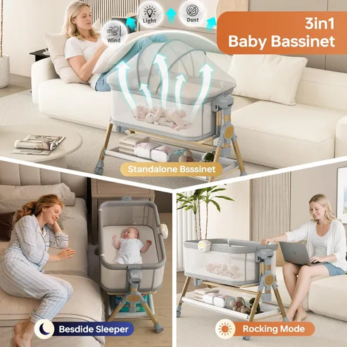 Vista 6 de Moisés 3 en 1 para bebé, cuna mecedora para bebé con ruedas, luz nocturna musical, cesta de almacenamiento, colchón, altura ajustable, cama mecedora