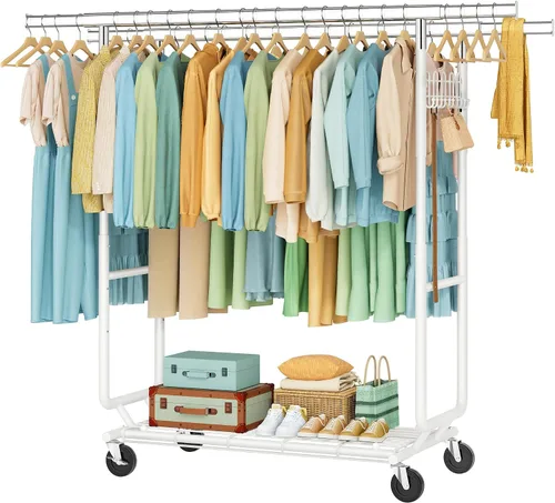 Vista 13 de Hoctieon Perchero de montaje de 1 minuto, 480 libras, percheros de ropa rodantes resistentes con ruedas, perchero plegable para ropa, barra Plata