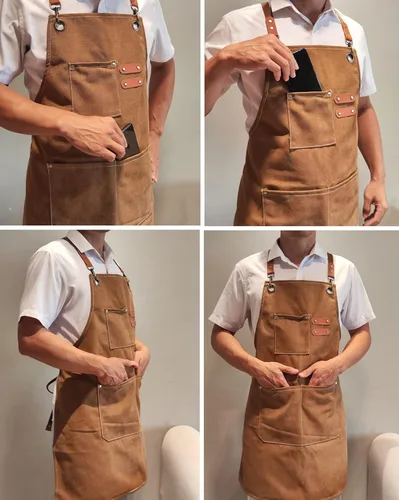 Vista 2 de Chef Aprons with Large Pockets for Women Men, Cotton Canvas Cross Back Water Repellent Work Apron with Adjustable Straps for Size M-XXL (Blue+Brown)