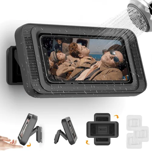 Vista 9 de Soporte impermeable para teléfono de ducha con rotación de 360°, ángulo ajustable, soporte de teléfono montado en la pared para espejo de baño