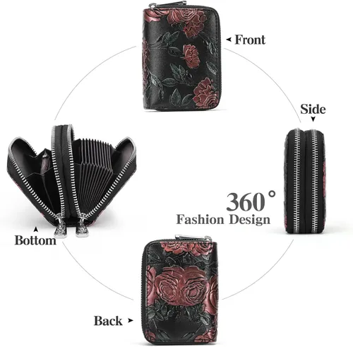 Vista 4 de GOIACII Cartera pequeña de cuero genuino para mujer, con bloqueo RFID para tarjetas de crédito, A09 Rosa Roja