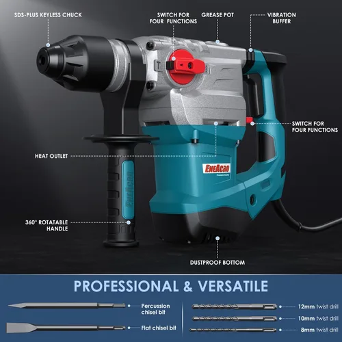 Vista 2 de ENEACRO 1-1/4 Inch SDS-Plus 13 Amp Heavy Duty Rotary Hammer Drill, Safety Clutch 4 Functions with Vibration Control Including Grease, Chisels and
